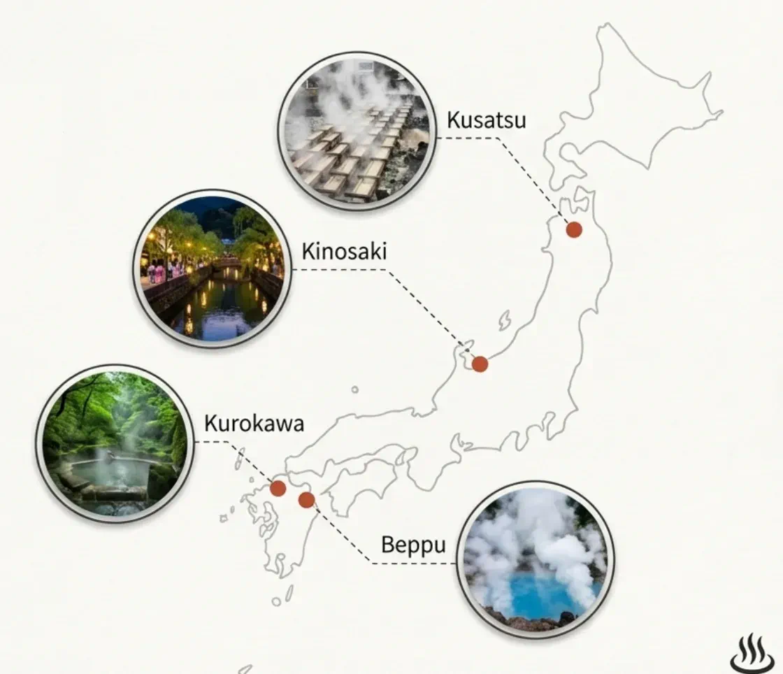 Interactive map of Japan's premier onsen hot spring destinations highlighting famous locations including Kusatsu, Kinosaki, Kurokawa, Beppu, and Hakone with regional travel information