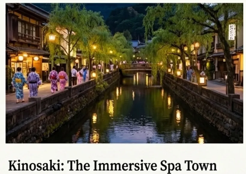 Romantic evening scene at Kinosaki Onsen in Hyogo Japan featuring traditional canal, yukata-dressed visitors strolling beneath illuminated paper lanterns and willow trees