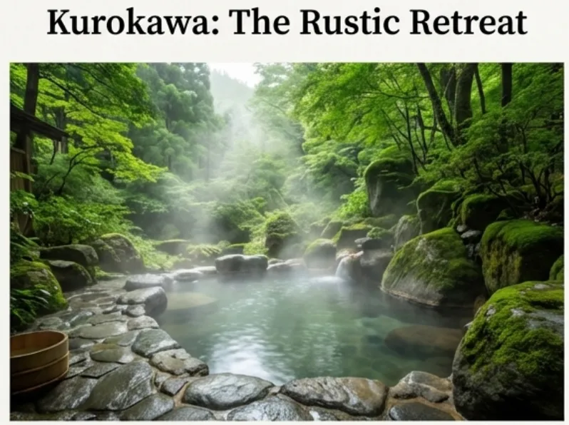 Secluded Kurokawa Onsen outdoor rotenburo hot spring bath in Kumamoto Japan surrounded by misty forest, natural stone-lined pool, and pristine mountain greenery
