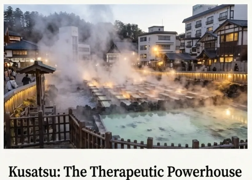 Kusatsu Onsen's iconic Yubatake hot spring field in Gunma Japan with steaming thermal waters, traditional wooden channels, and atmospheric evening illumination