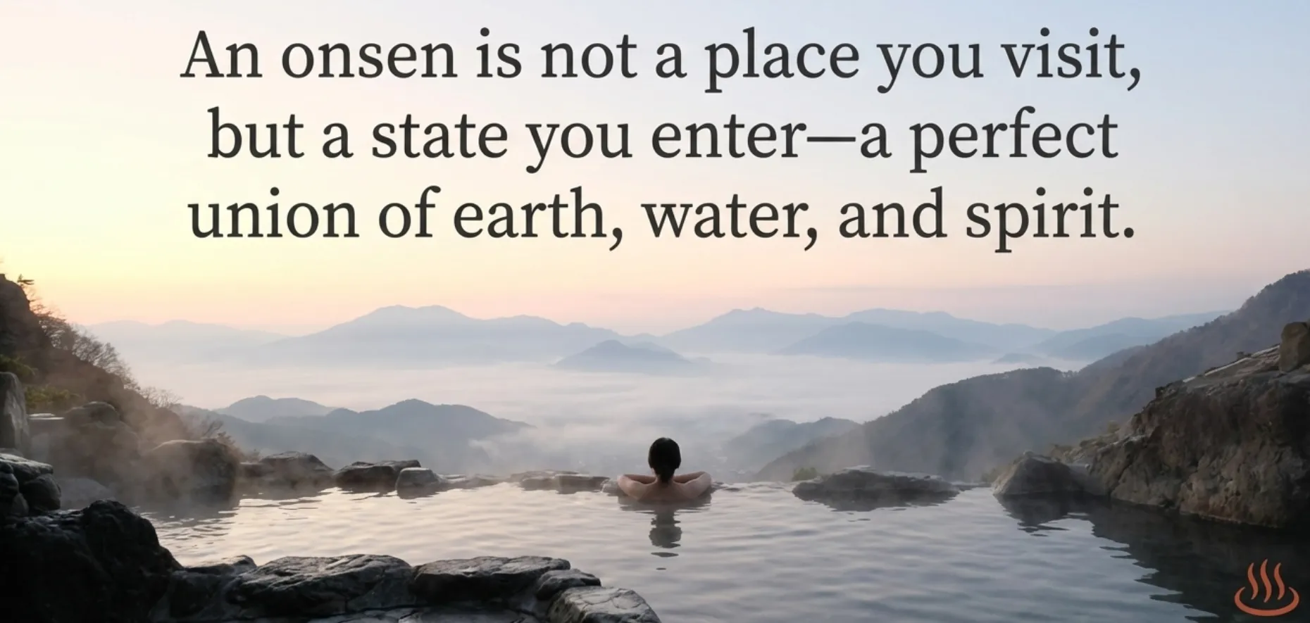 Serene Japanese mountain onsen experience at sunrise with solo bather enjoying infinity-edge outdoor hot spring bath overlooking misty valleys and dramatic mountain peaks