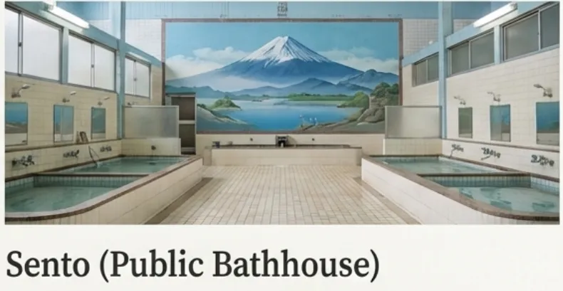 Traditional Japanese sento public bathhouse interior featuring ceramic tile bathing pools and iconic Mount Fuji wall mural artwork