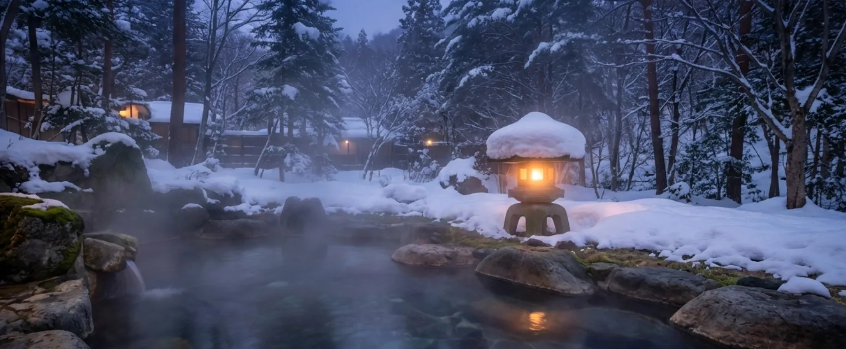 Authentic Japanese outdoor onsen experience in winter with snow-covered hot spring bath, traditional stone lantern, and steam rising at dusk